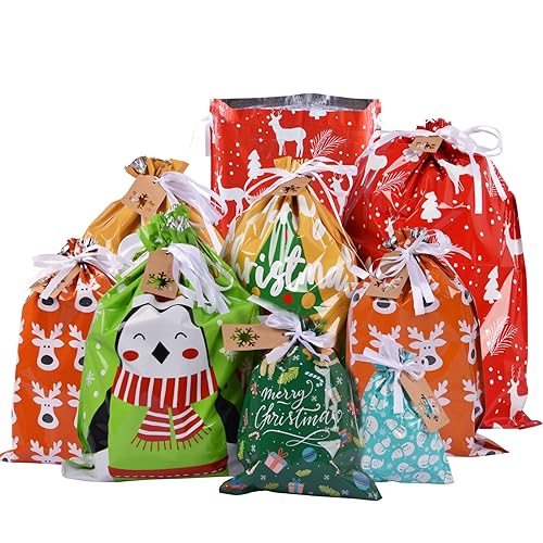 Drawstrings Christmas Gift Bags Assorted Sizes, 34Pcs Holiday Gift