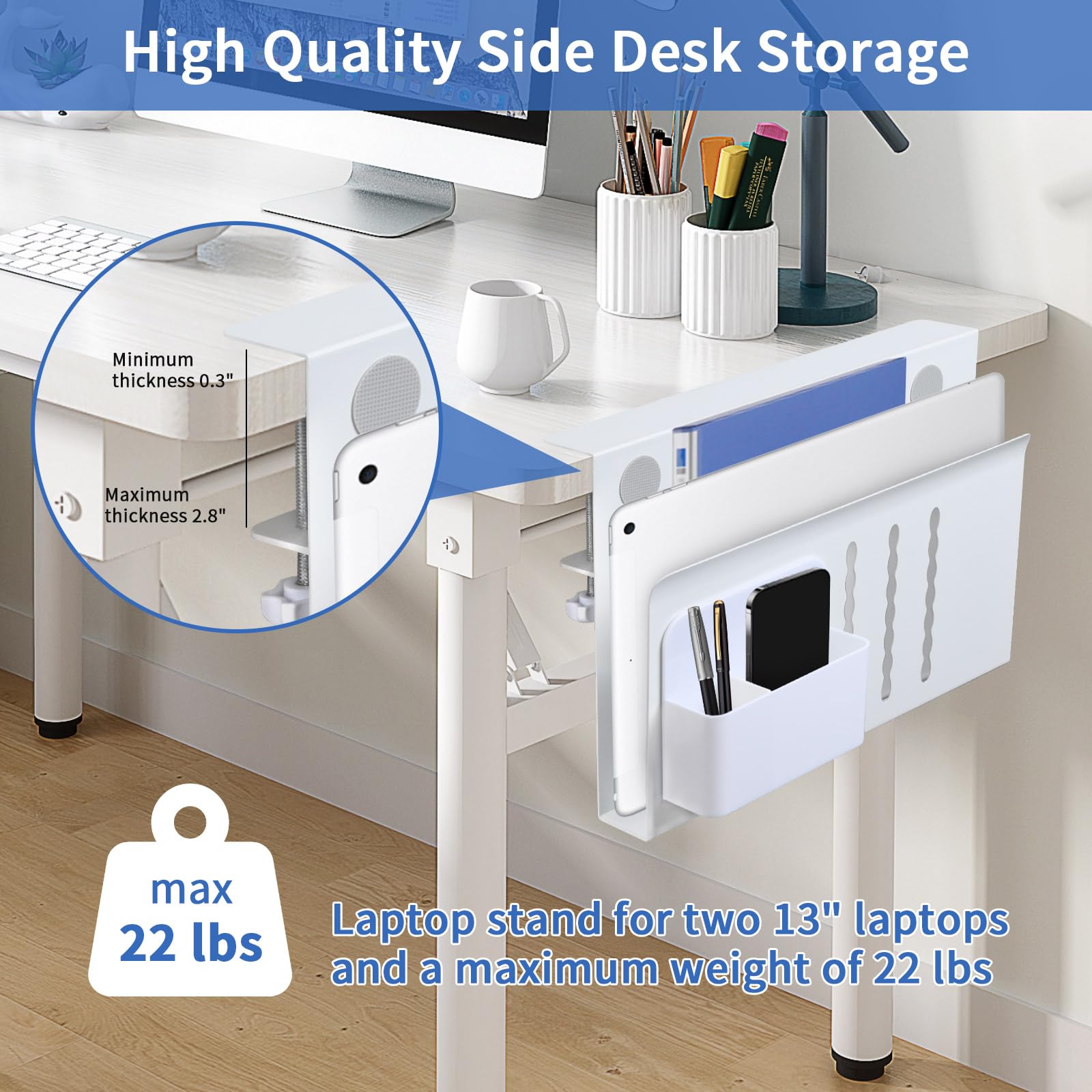 LUKETURE Desk Side Storage, Steel Side Desk Organizer, No Drill Laptop Holder, Clamp on Laptop Mount with Pen Holder, Table Hanging Storage for Home Office, Fits Flat Edge Tables 0.3