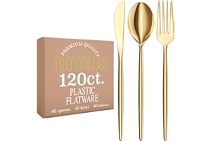 Trendables Gold Plastic Silverware Set Gold Silverware Disposable Forks and Spoons Disposable 120 Pack Plastic Utensils Set Includes 3 x 40 each Knives & Spoons & Forks For Parties and Events