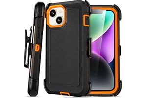 Yowtrey for iPhone 14 Case with Clip Belt Holster, Heavy Duty Military Grade Drop Protective Case for iPhone 14 6.1 case (Black+Orange)