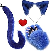 YXCFEWD Blue Cat Ears Headband and Tail paws Set with Heart Patch Felt Stickers, Cat Costume for Halloween Party Cosplay