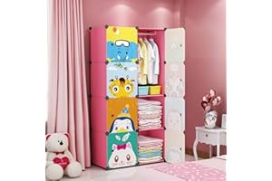 MAGINELS Children Wardrobe Closet,Baby Girl and Kids Closet with Door, Cute Protable Cube Storage Clothes,Dresser for Bedroom,Pink,8 Cube(14x14inch)