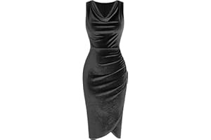 ZAFUL Womens Sleeveless Velvet Cocktail Dresses Cowl Neck Party Midi Wedding Guest Dress Ruched Slit Bodycon Dress
