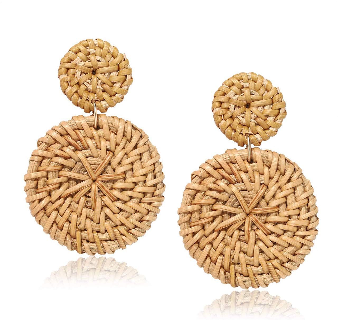 Weave Straw Double Disc Drop Earrings Boho Rattan Dangle Statement Earrings (rattan disk dark)