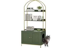 Homhedy Cat Litter Box Enclosure, Litter Box Furniture Hidden with 2-Tier Storage Shelves, Wooden Cat Washroom Furniture with Metal Frame, Modern Style, Green and Gold