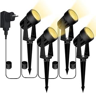 Gartenbeleuchtung, Bomcosy 4er Set Gartenleuchte mit Erdspieß, DC 12V 14M IP65 Wasserdicht LED Gartenstrahler mit Stecker, Warmweiß Scheinwerfer Gartenlampe Wegbeleuchtung Spot Außenbeleuchtung