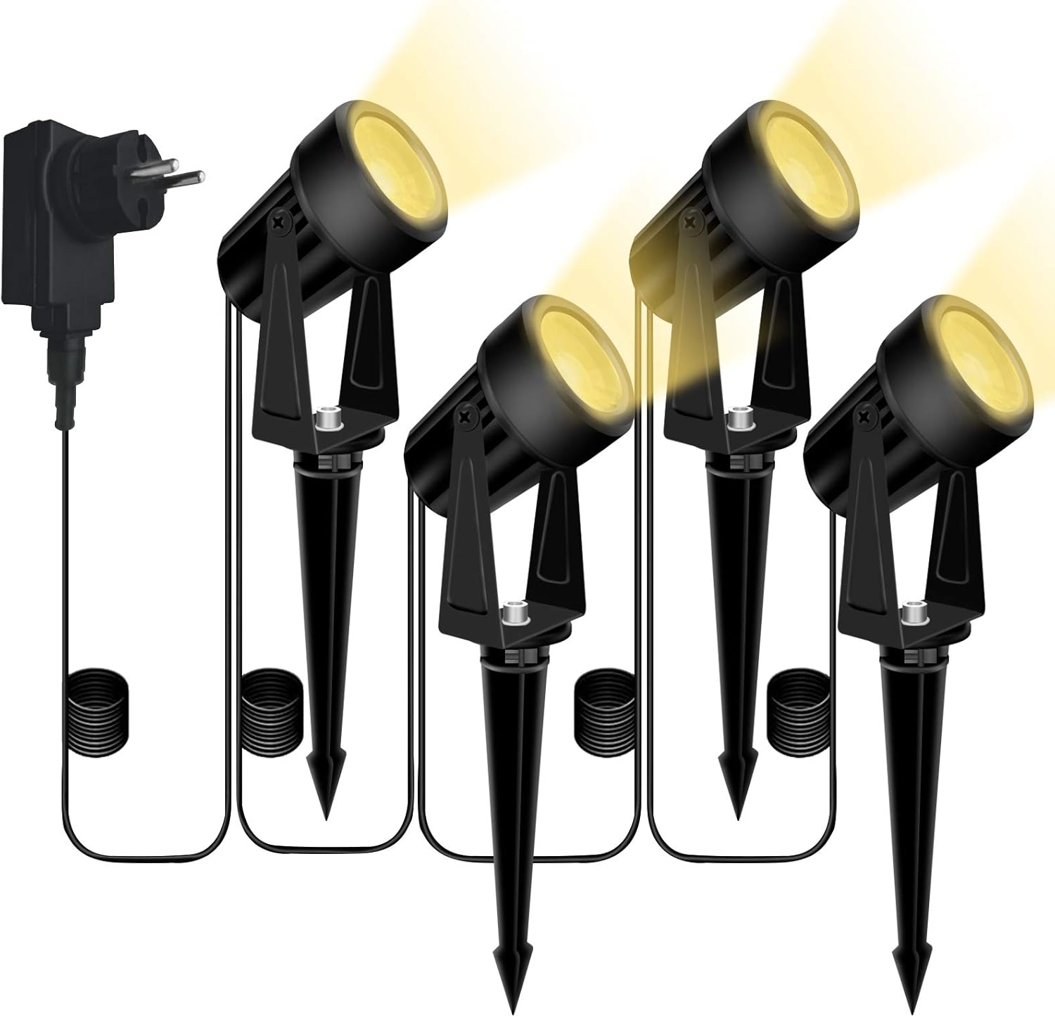 Gartenbeleuchtung, Bomcosy 4er Set Gartenleuchte mit Erdspieß, DC 12V 14M IP65 Wasserdicht LED Gartenstrahler mit Stecker, Warmweiß Scheinwerfer Gartenlampe Wegbeleuchtung Spot Außenbeleuchtung