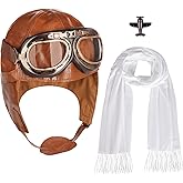 4Pcs Aviator Costume Accessories,Aviator Hat With Goggles White Scarf Brooch,Pilot Cap for Adults Halloween Party