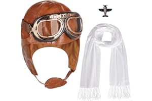 ACEKAR 4Pcs Aviator Costume Accessories,Aviator Hat With Goggles White Scarf Brooch,Pilot Cap for Adults Halloween Party