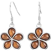 925 Sterling Silver Koa Wood Hawaiian Plumeria Dangle Hook Earrings, Nickle Free Hypoallergenic for Sensitive Skin, Rhodium Finished, Gift Box Included