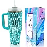 XMYAINA 40oz Bling Tumbler with Handle and Straw Lid Rhinestone Studded Tumbler Cups Vacuum Insulated Stainless Steel Double Wall Water Bottle Travel Mug Gifts for Women Her (Blue)