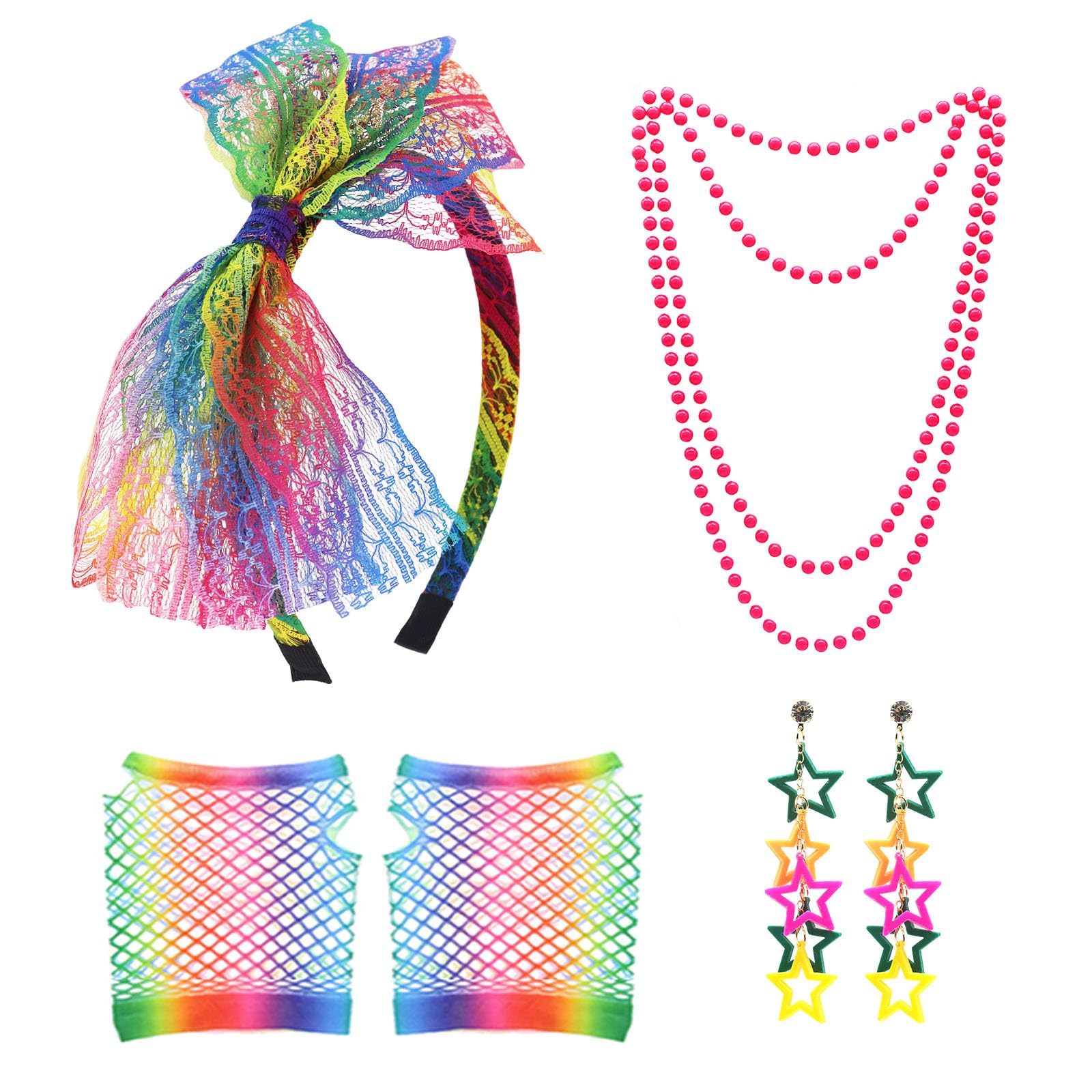 Grantop 80s Fancy Dress Costume Accessories for Women, 1980s Fancy Party Costume Set with Lace Headband Earrings Necklace Fishnet Glove, Fancy Party Costume for Retro Party (Rainbow) — image 1