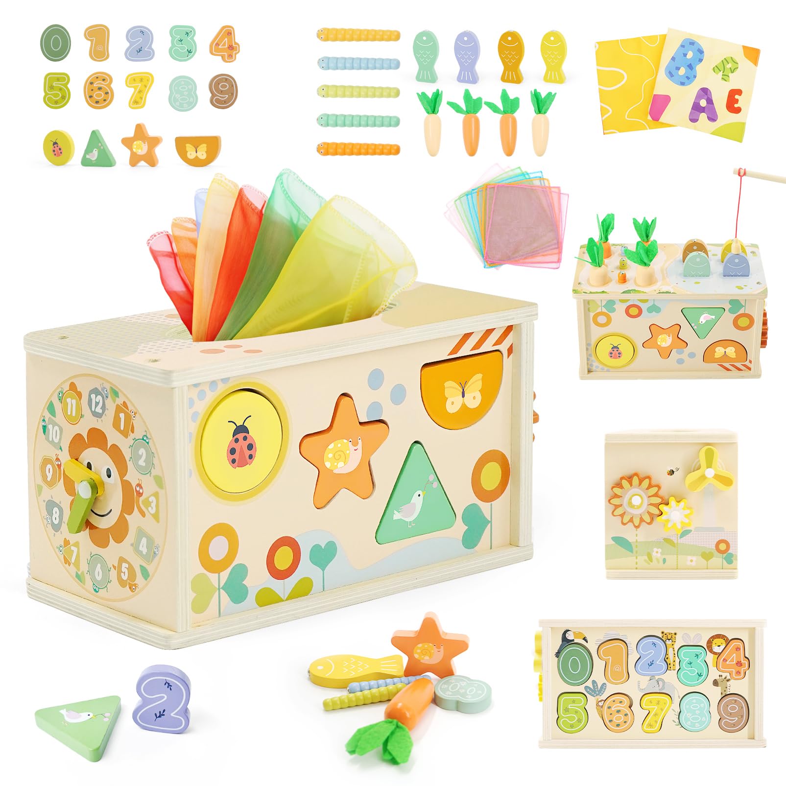 Almaxi Montessori Toys for 1 Year Old, Baby Tissue Box Toy Wooden - 6 in 1 Educational Fine Motor Skills Toys for 1 2 3 Year Olds with Gears, Fishing Game & Shape Sorter, 1st Girls and Boys