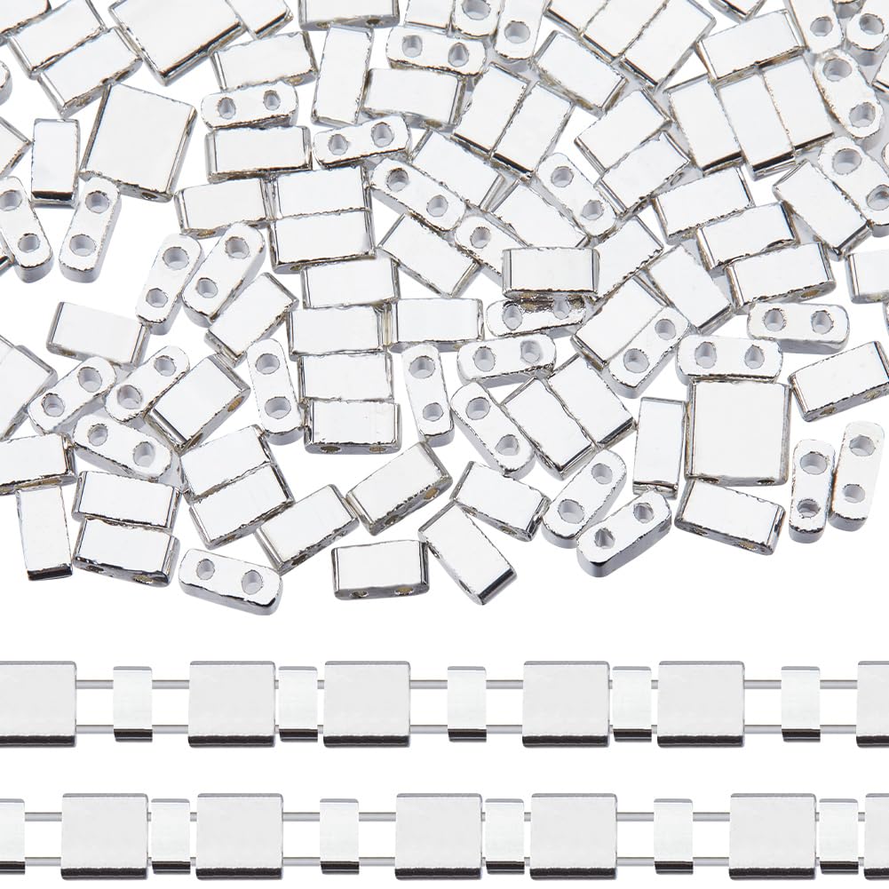 CREATCABIN 200Pcs 2 Hole Tila Beads 2 Sizes Half Glass Seed Beads Bulk Rectangle Silver Metallic Color Mini Opaque Square Flat Loose Spacer Beads for Craft Bracelet Necklaces Earrings Jewelry Making