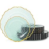 Pryntono 100 PCS Green Stone Texture Plastic Plates, Disposable Plates with Gold Rim, Heavy-duty Clear Plastic Plate Include 10" Dinner and 7" Salad Plate for Party and Wedding