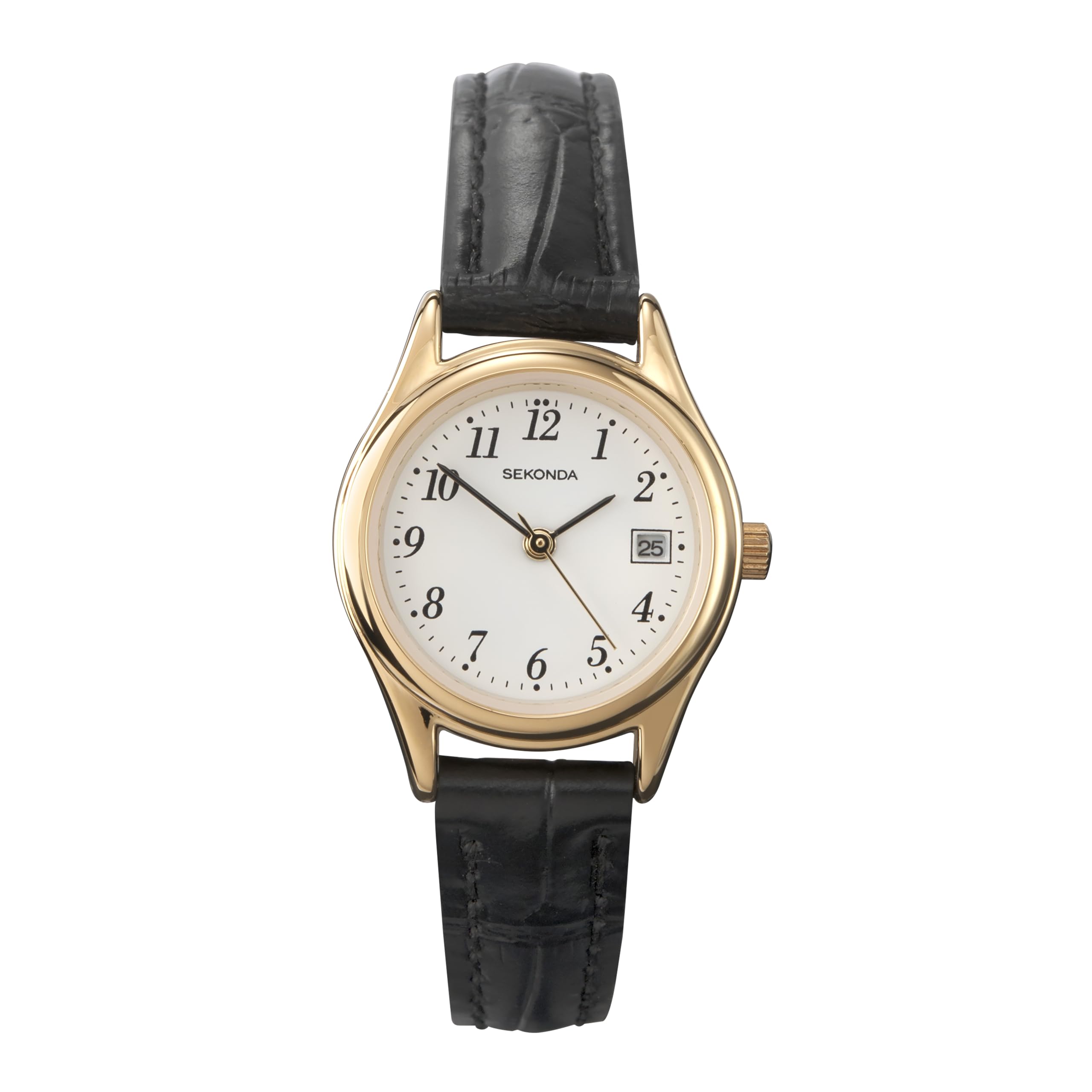 Sekonda Womens 27mm Robinson Analogue 3 Hand Classic Quartz Watch Gold Case with White Dial Date Window and Black Leather Strap 30m Water Resistant