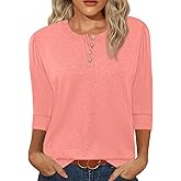 3/4 Length Sleeve Womens Tops Crew Neck Buttons Henley Shirts Tunic T Shirts Loose Fit Work Blouses 2025 Fall Trendy