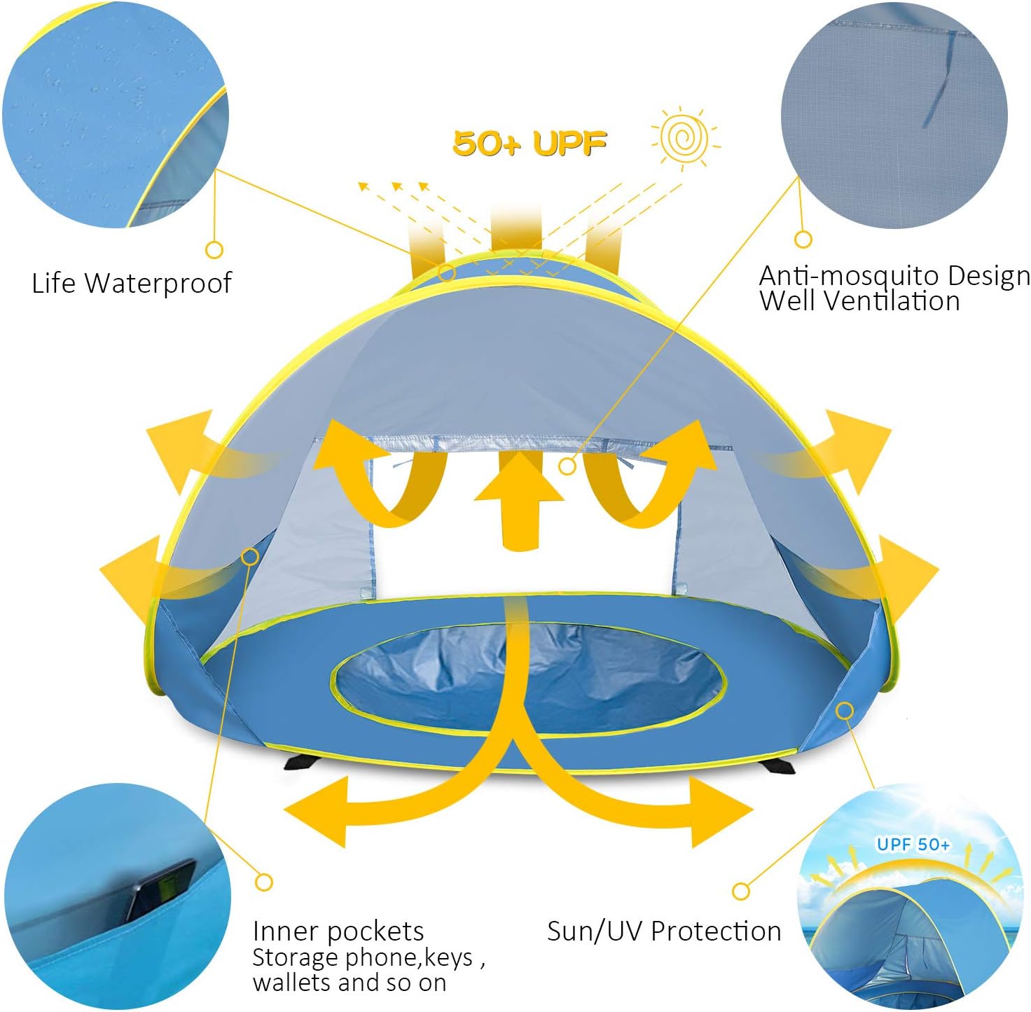 Tente De Plage Tefola Pop-Up - UV 50+ - Imperméable - Pour Bébé Et Famille - Bleu