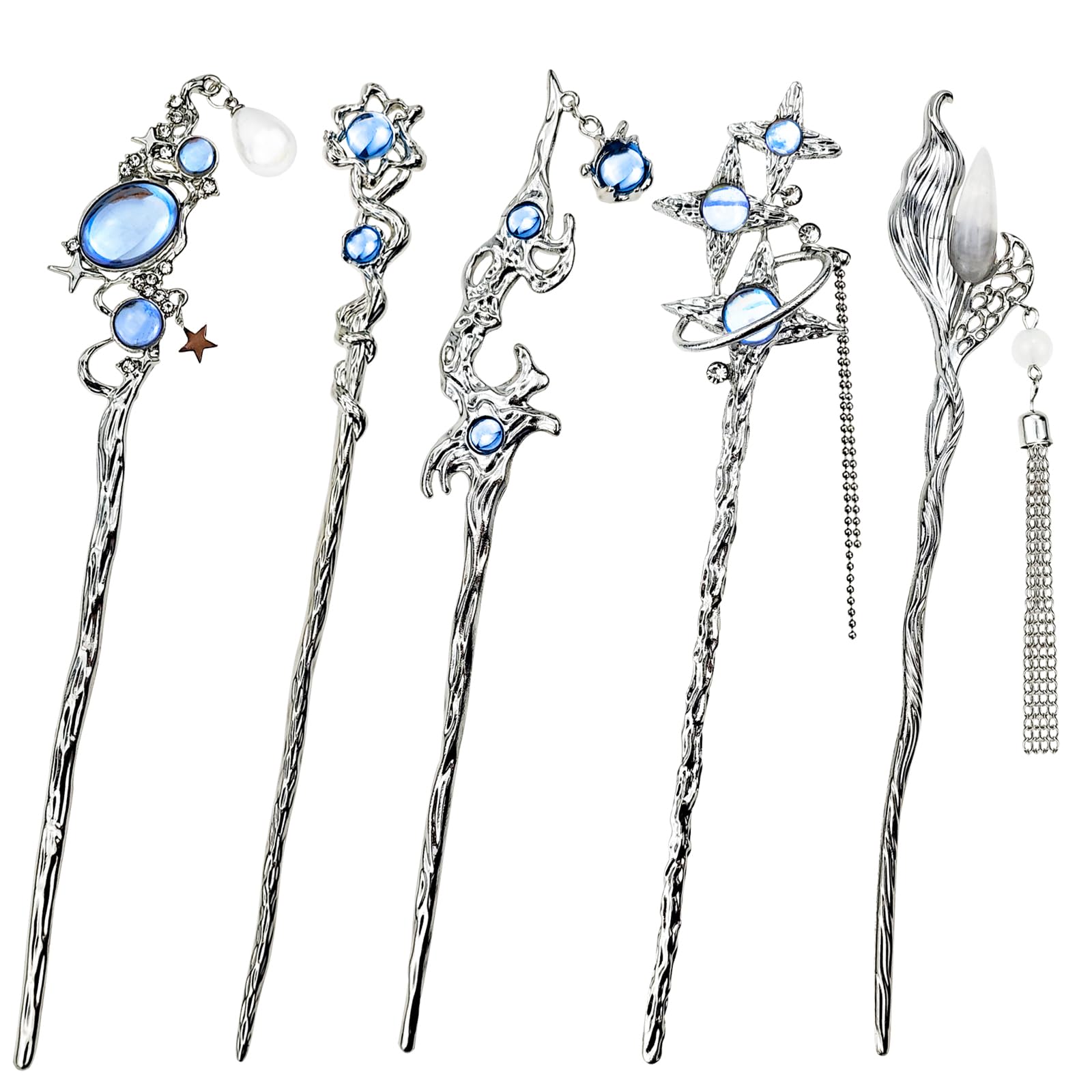 Photo 1 of 5PCS Star Moon Hair Sticks for Buns Long Hair Chinese Hanfu Asian Vintage Hair Chopsticks Metal Silver Hair Bun Updo Holders Long Hairpins for Women Girls