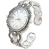 STC Silver Metal Decorated Large Oval Face Women's Bangle Cuff Watch