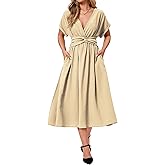 RuoRayVan Women's Summer Casual Short Sleeve Wrap Elastic Wasit Deep V Neck Mid A-Line Loose Dress 2025