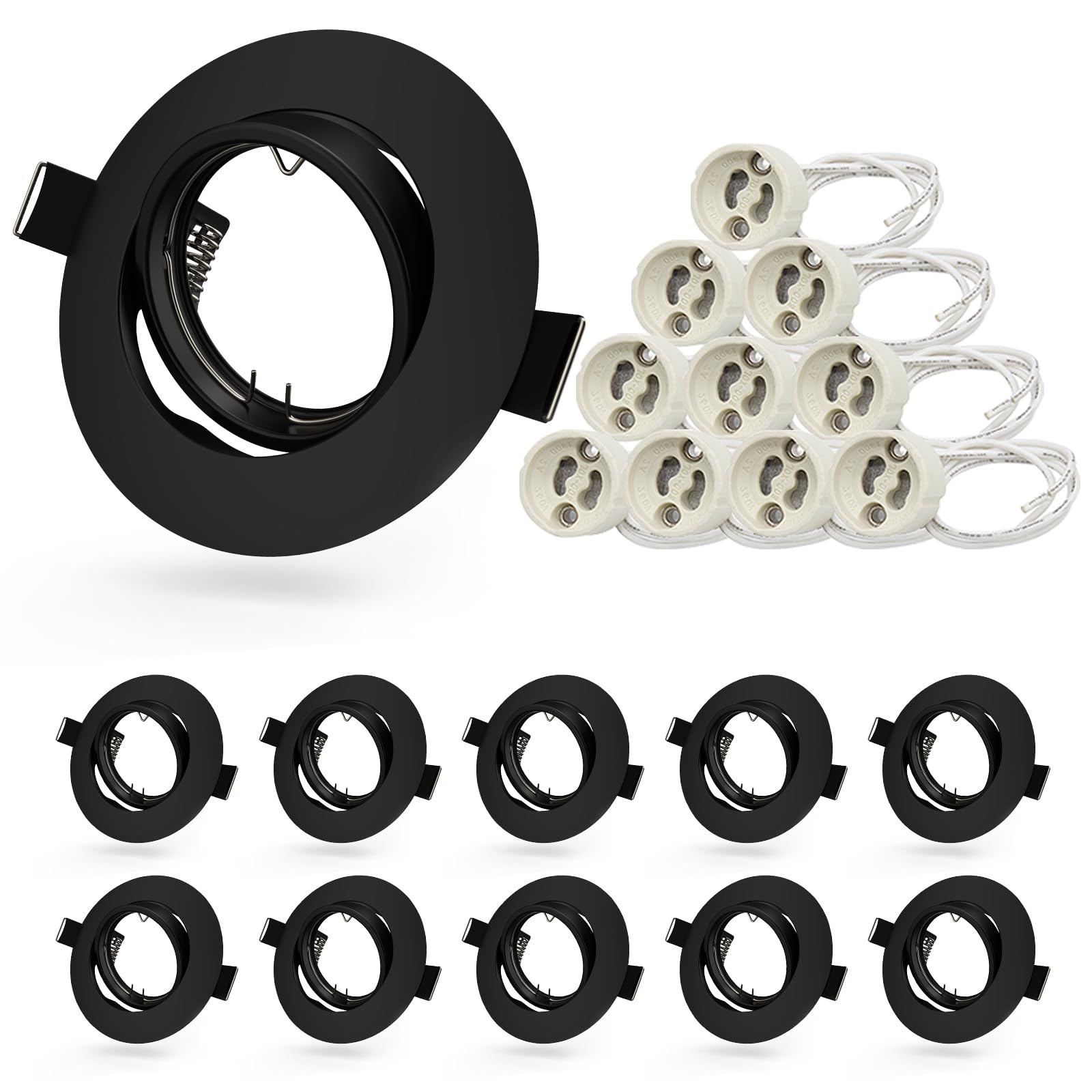 Allesgute 10 X Modern Recessed Ceiling Light Frame for Kitchen Round Black Finish Fittings for Spot Lights 30° Tilt Adjustable Downlight with GU10 Lampholder