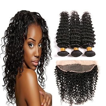 Amazon Com Deep Curly Bundles With Frontal 13x4 Free Part Pre