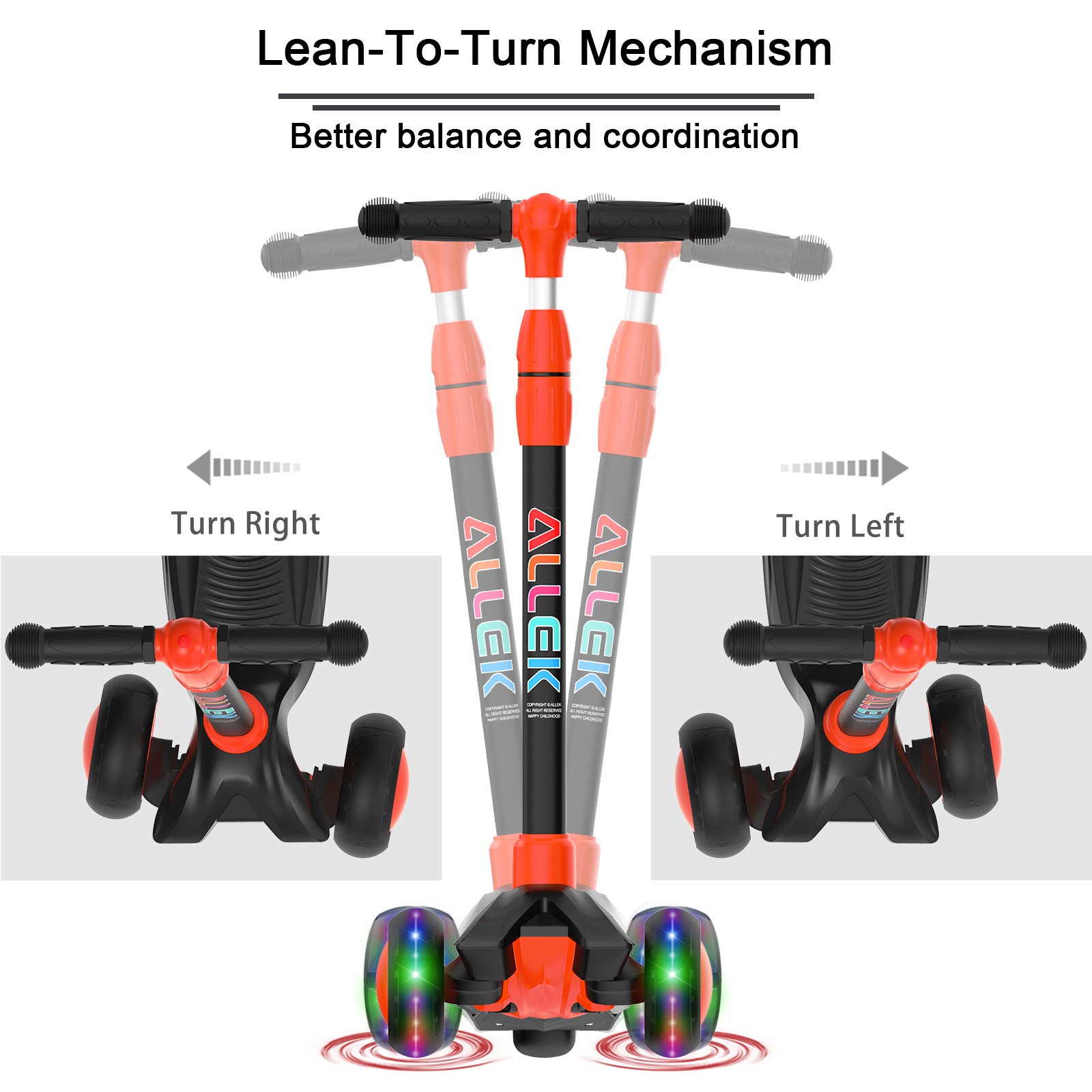 Allek Kick Scooter B03, Lean 'N Glide 3-Wheeled Push Scooter with Extra Wide PU Light-Up Wheels, Any Height Adjustable Handlebar and Strong Thick Deck for Children from 3-12yrs (Black-Red)