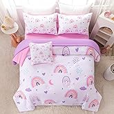BYHOFMLY Pink Purple Rainbow Comforter Set Twin Size, 6 Pieces Moon Heart Print Kids Bedding Sets with Sheets, Soft Lightweight Bed in A Bag for Teen Girl Bedroom (Rainbow, Twin)