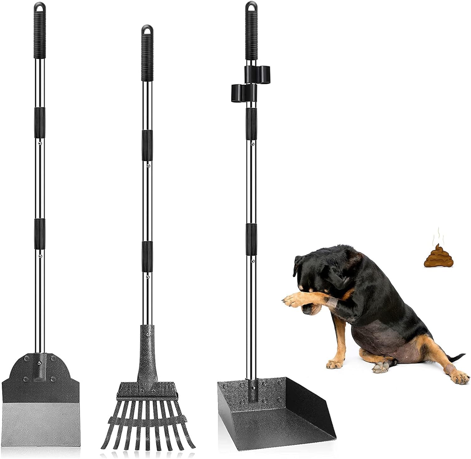 Snagle Paw 3 Pack Metal Pet Poop Scoop,Tray and Rake,Adjustable Long Handle with Bin for Pet Waste Removal,No Bending Poop Scooper Perfect for Large Medium Small Dogs