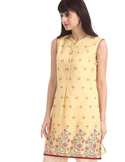Karigari Women's Rayon a-line Kurta (280251137_YELLOW_S_SL Small)