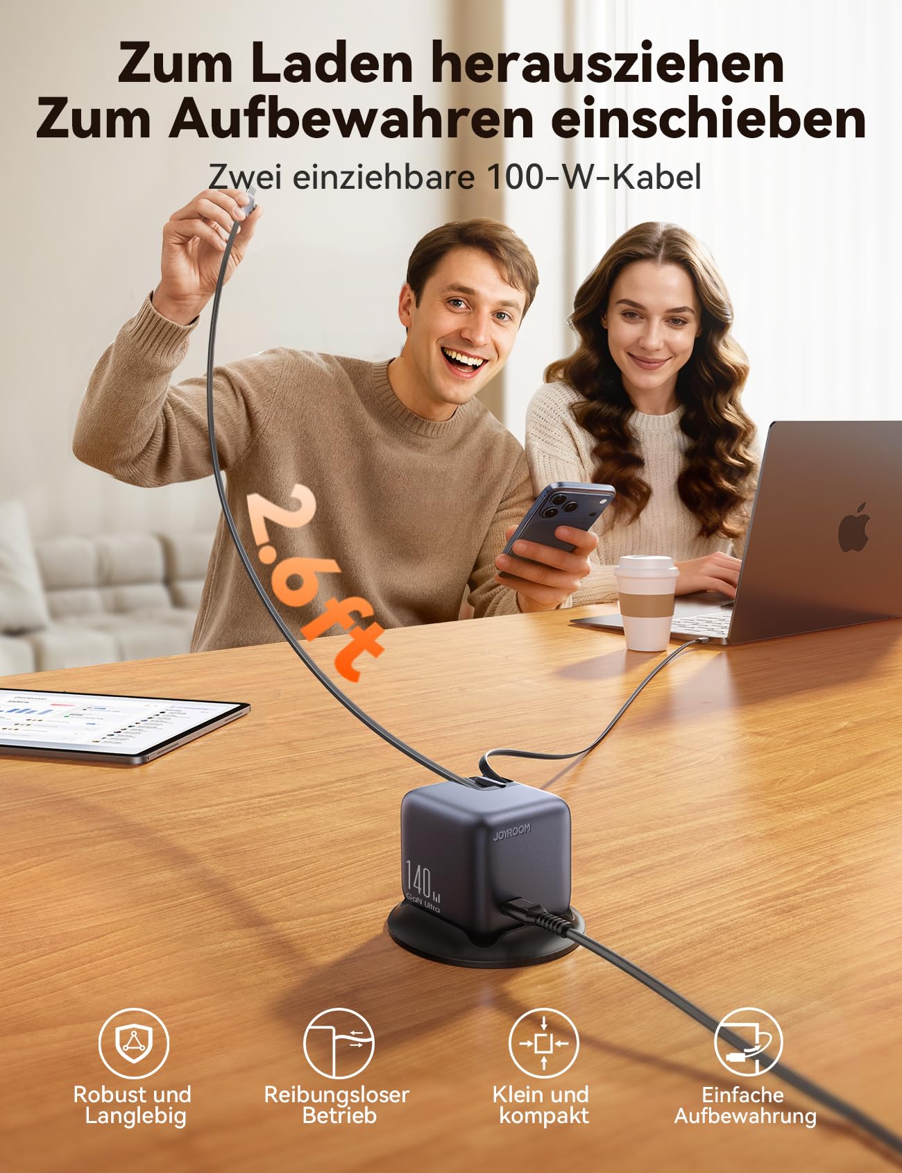 JOYROOM PODIX 140W 5‑in‑1 GaN Ultra Ladelstation, USB‑C Schnellladegerät mit 2 retraktablen 100W Kabeln (80 cm), 1,54" Smart LCD‑Anzeige, kompatibel mit MacBook, iPhone, Samsung | Für Büro & Zuhause 4