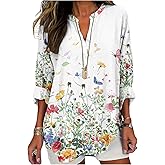 Womens Floral Boho Shirts V Neck Plus Size Tunic Tops 3/4 Long Sleeve T-Shirts for Women Blouses Dressy