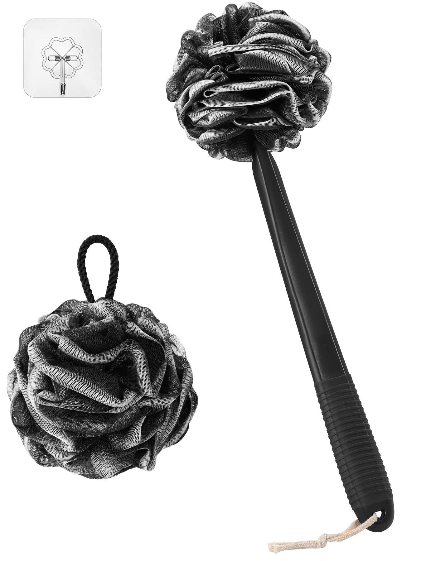 ROLIZOE 17in Back Scrubber Shower Puff Set, Non-Slip Plastic Handle Bath Sponge, Hand Shower & Loofah on a Stick, Black with White Edge
