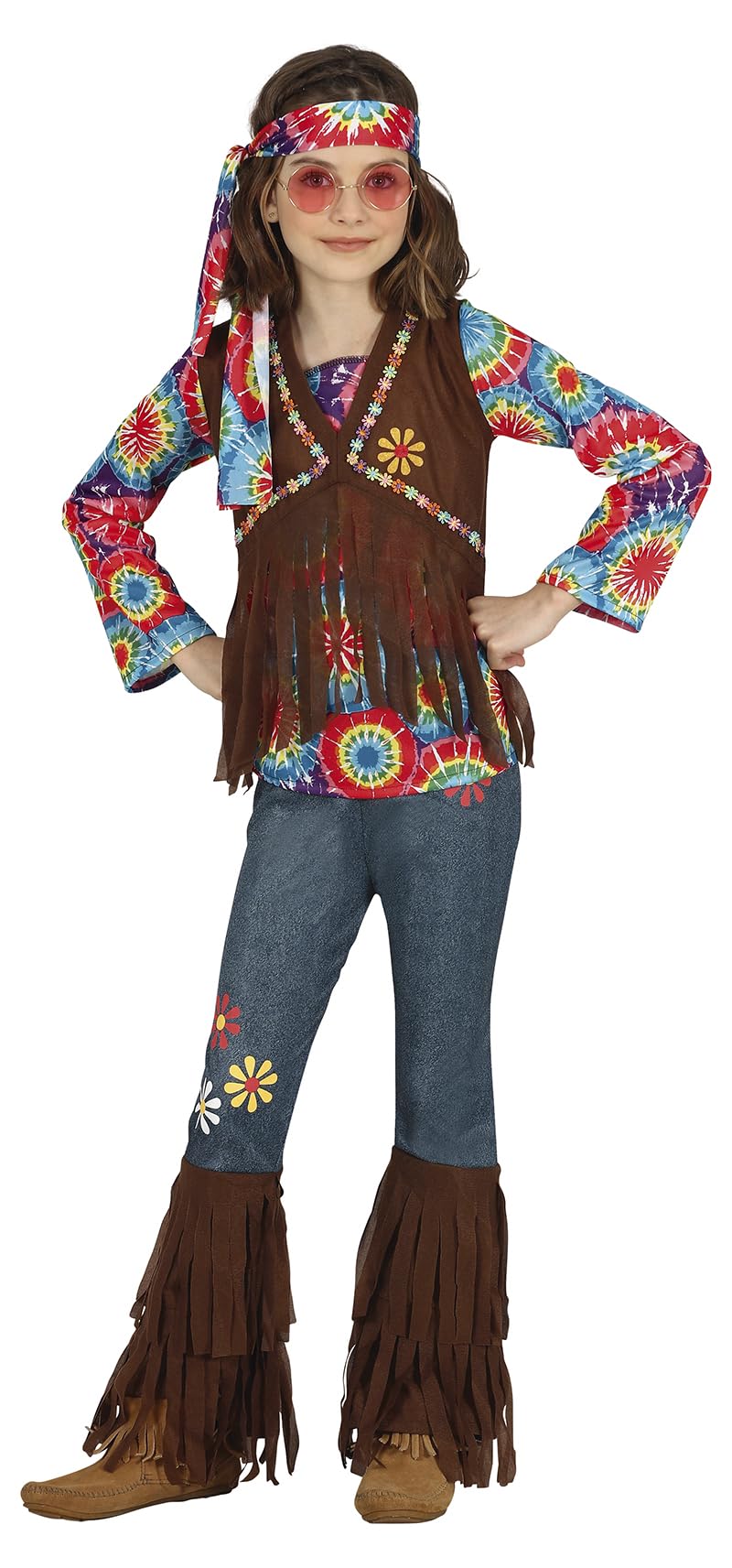 FIESTAS GUIRCA Happy Hippie Girl Fancy Dress Costume - 70s Attire with Hippie Headband, Multicoloured Tie-Dye T-Shirt, Waistcoat and Trousers for Children 10-12 Years