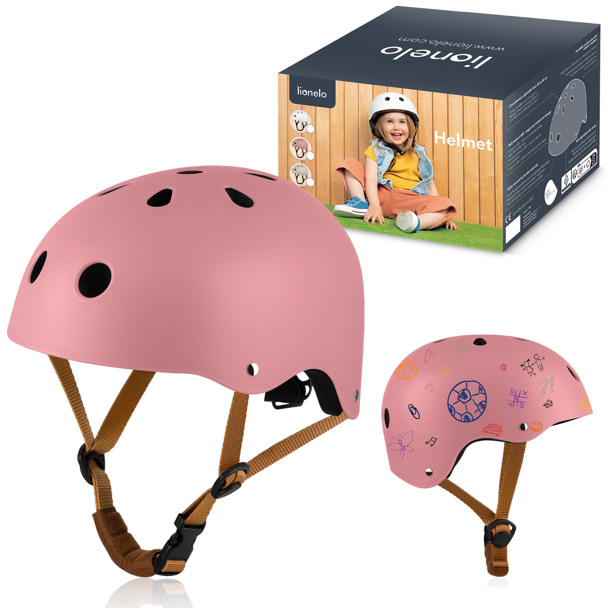 Lionelo Helmet Explorer Adjustable Certified Kids' Safety Helmet Size S(50-56cm) Impact-Absorbing & Ventilated Designed for Creative Chalk & Marker Customization, Cycling & Outdoor Adventures (Pink)