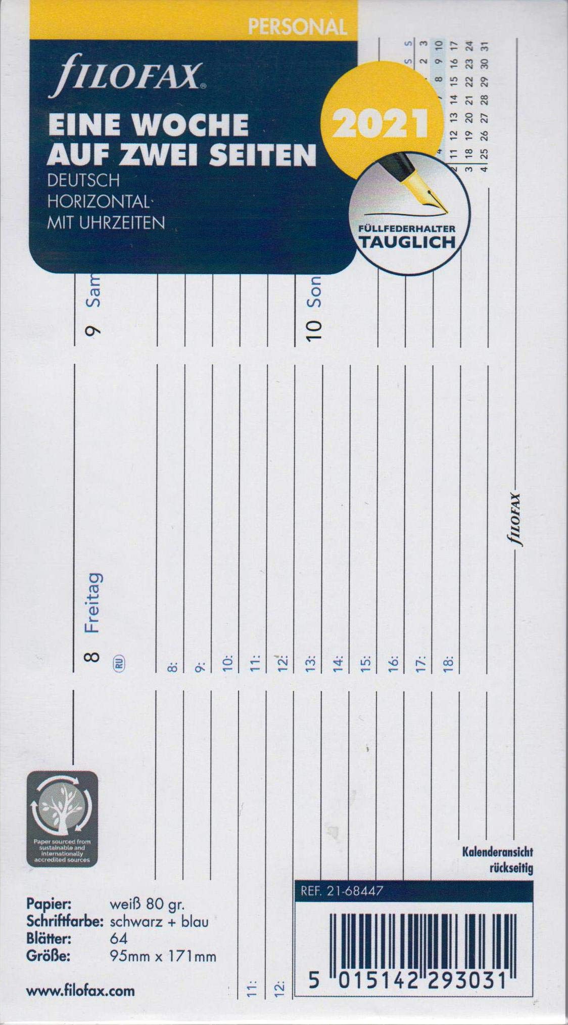Filofax 2021 Personal Calendar A6 Insert Calendar Sheet 1 Week 2 Pages Horizontal Deu 21-68447 White