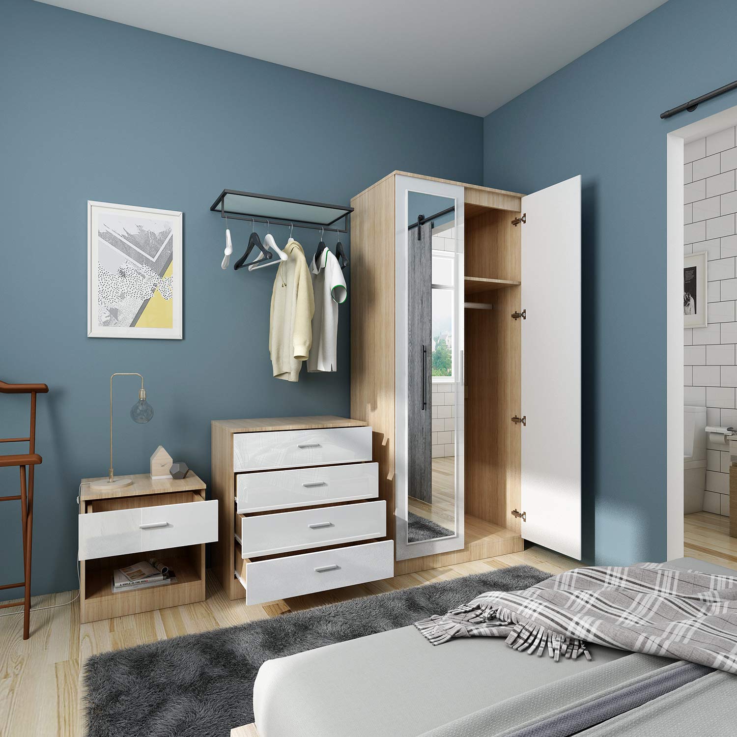 Elegant Modern High Gloss Wardrobe And Cabinet Furniture Set Bedroom 2 Doors Wardrobe With Mirror And 4 Drawer Chest And Bedside Cabinet White Oak