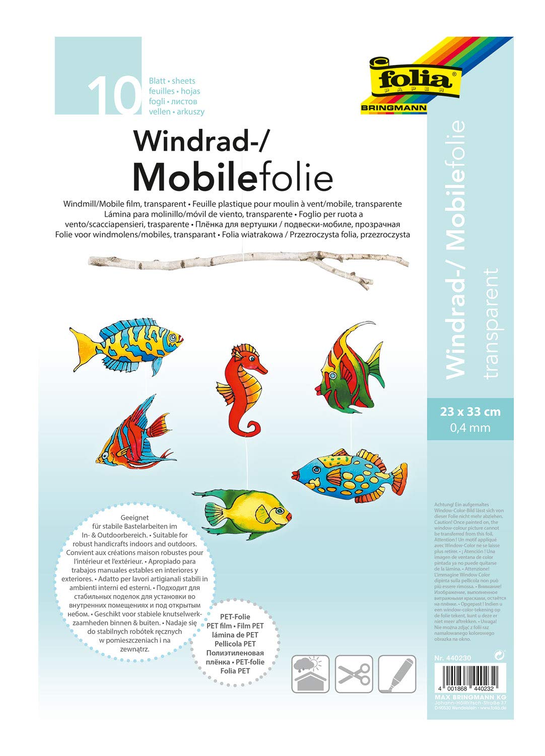 folia 440230 Mobile Film, Windmill Film, PVC, Transparent, 0.4 mm, 23 x 33 cm, 10 Sheets, for Crafts of Mobiles or Pinwheels
