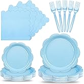 96 Pcs Light Blue Paper Plates and Napkins Set Party Supplies, Tableware set for 24 Guest include Disposable Light Blue Scalloped Plates, Napkins and Forks for Baby Shower Bridal Shower Wedding