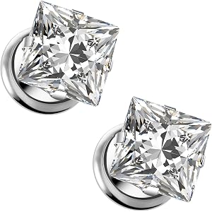 Qiwnswoy 10G-00G Gauges for Ear Surgical Steel Internally Threaded Single Flare Square CZ Screw Fit Flesh Tunnels Plugs Gauge