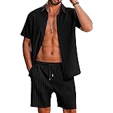 LecGee Men's 2 Piece Vertical Striped Textured Outfits Summer Casual Button Down Shirts and Shorts Matching Sets
