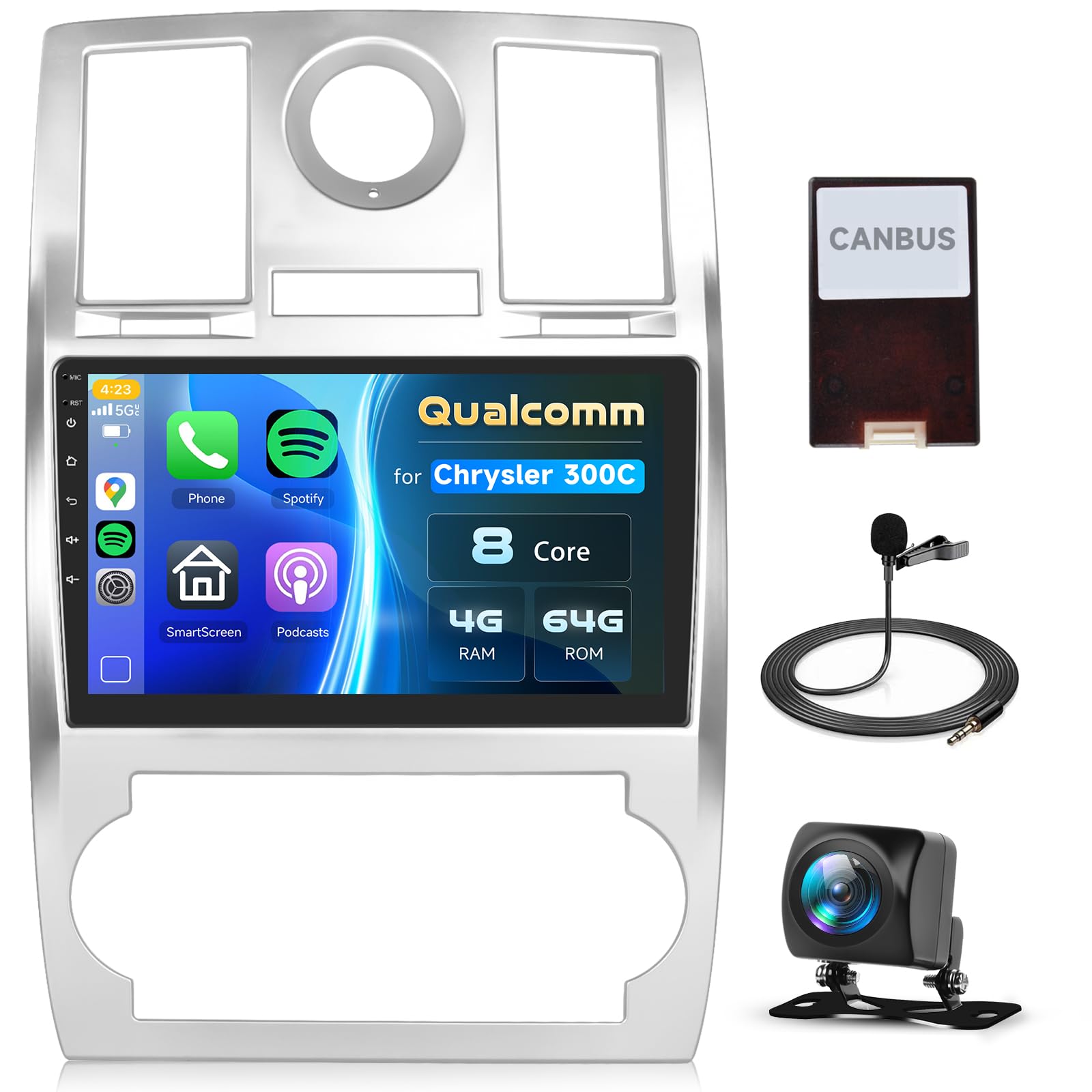 Photo 1 of 8 Core 4GB+64GB Qualcomm Radio for Chrysler 300C 2004-2011 Android Car Stereo with Wireless CarPlay and Android Auto, Snapdragon Driauto 9 Inch Touch Screen with GPS Bluetooth WiFi DSP FM/RDS +Camera