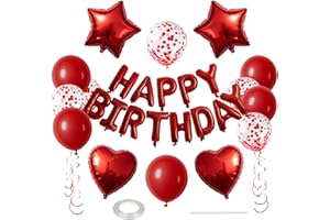 WEIKA 27 Pcs Red Birthday Decorations, 3D Foil Red Happy Birthday Balloon Banner, Pentagram Heart Foil Balloons Confetti Balloons Kit For Boys Girls Birthday Party Supplies