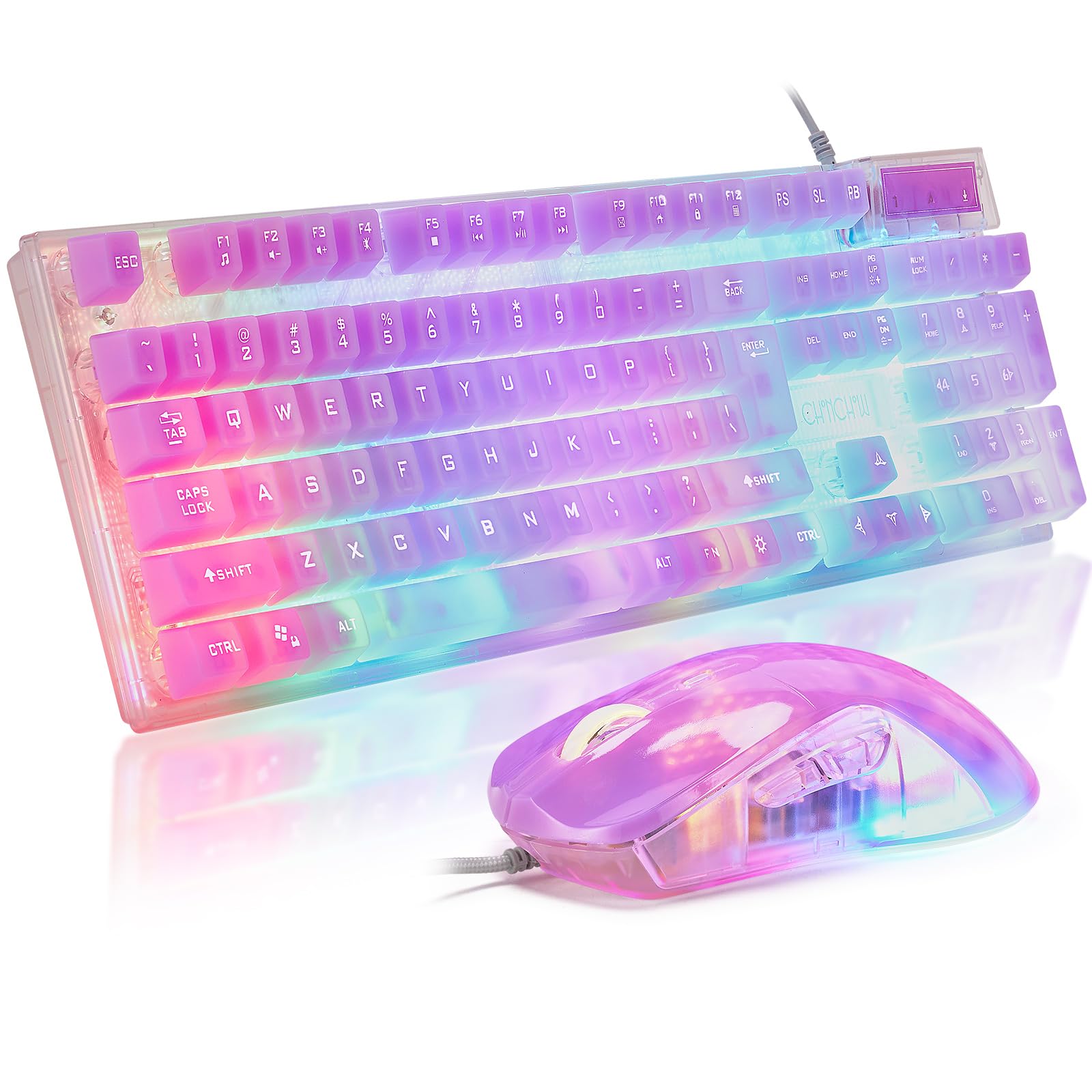 Photo 1 of CHONCHOW LED Gaming Keyboad and Mouse Combo, Transparent RGB Rainbow Backlit Keyboard, 104 Keys Anti-ghosting USB Wired Keyboard, 7 Color RGB Gaming Mouse for PC Laptop Xbox PS4 Gamers and Work