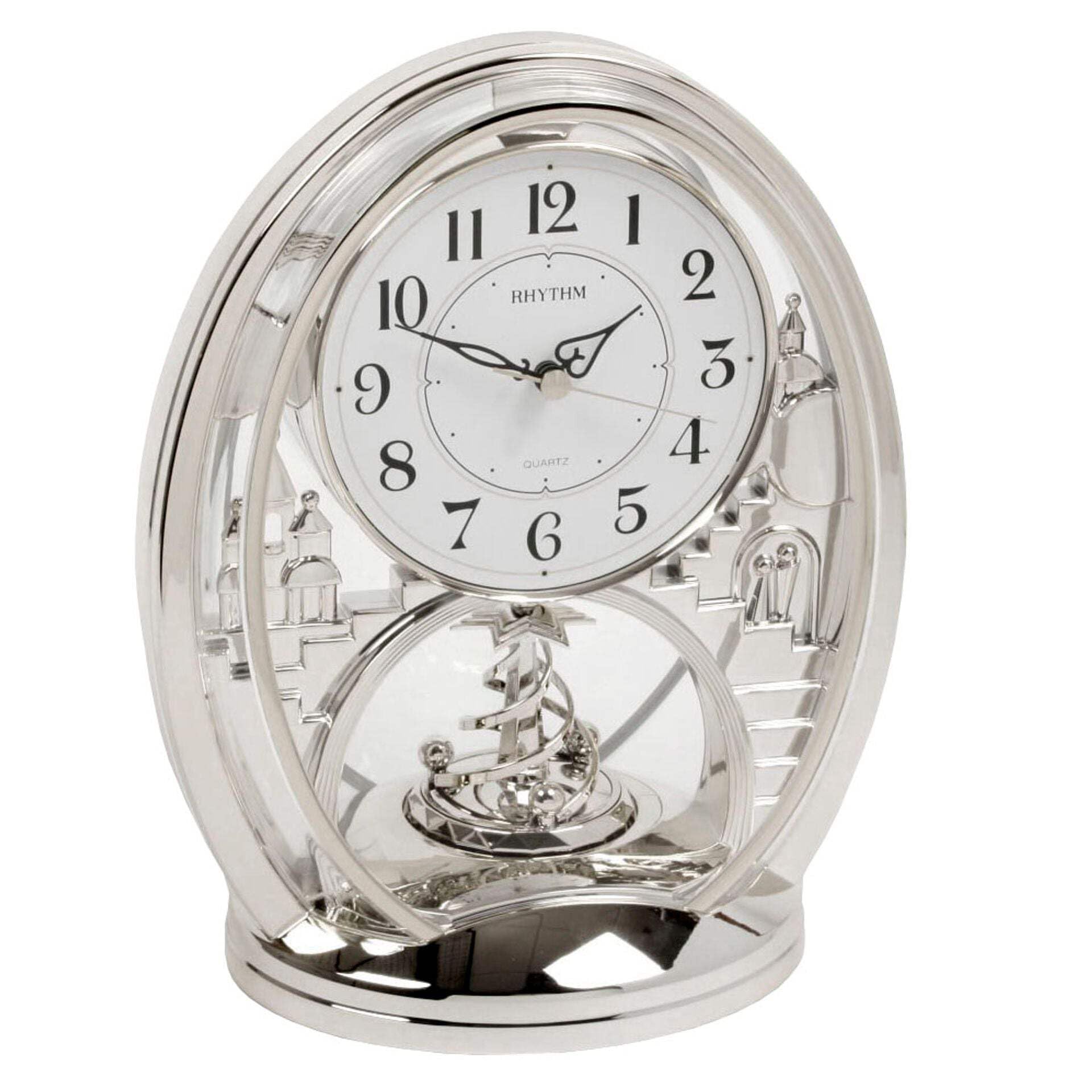 Rhythm Contemporary Mantel Clock Oval Silver with Arabic Dial and Rotating Pendulum, 4SG768WR19