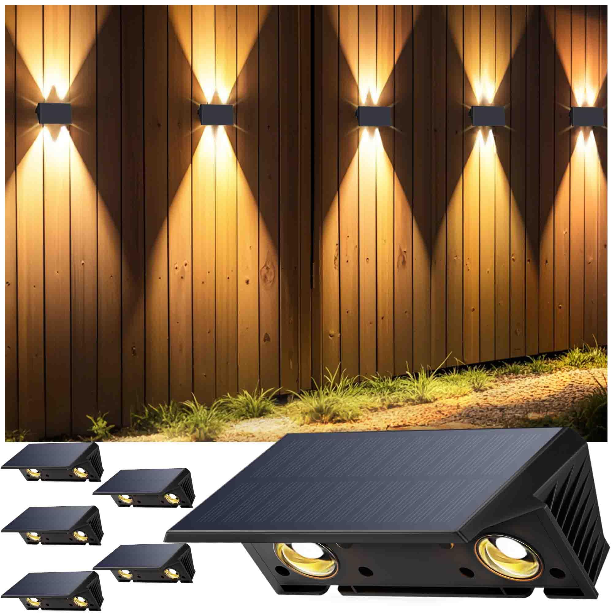 Photo 1 of Fence Lights Solar Powered, 6-Pack Solar Fence Lights Up/Down Flexible Buttons, IP67 Waterproof for Outdoor, 100LM Bright, Auto Dusk to Dawn for Wall/Stairs/Yard/Railing/Deck/Pathway (Warm White)