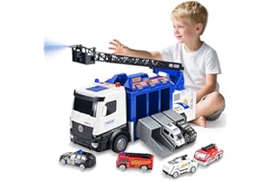 COROIESTY 3-in-1 Large Fire Truck Toy with Garage & 6 Cars, Water Pump, Extendable Ladder, Lights & Siren Sounds, Fire Rescue Truck Vehicle Toy for Boys Girls 3+, Christmas Birthday Gift
