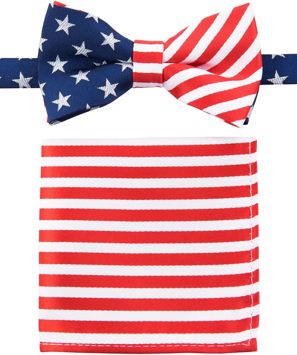Canacana US Flag Old Glory Pre-tied Boy's Bow Tie with Stripes Pocket Square Set