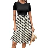 Women's Elegant Vintage Round Neck Short Sleeve Summer Casual Work Party A-Line Dress with Belt 809